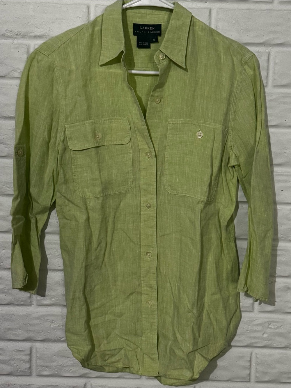 Lauren Ralph Lauren Button Up Shirt Women's Small Lime Green 3/4 Sleeve Collared